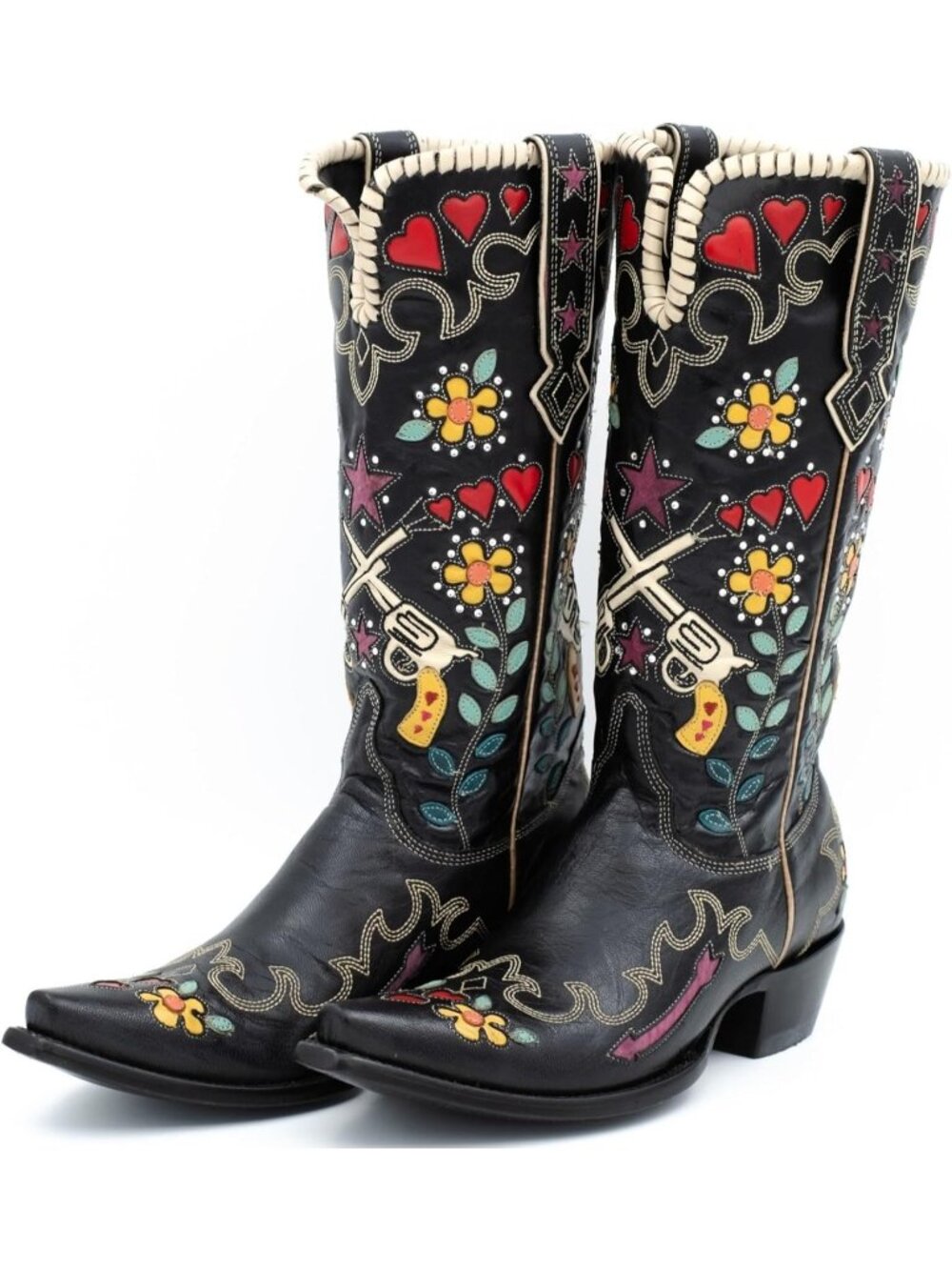 Women's Black Swallow Floral Embroidered Cowgirl Boots Chunky Low Heels